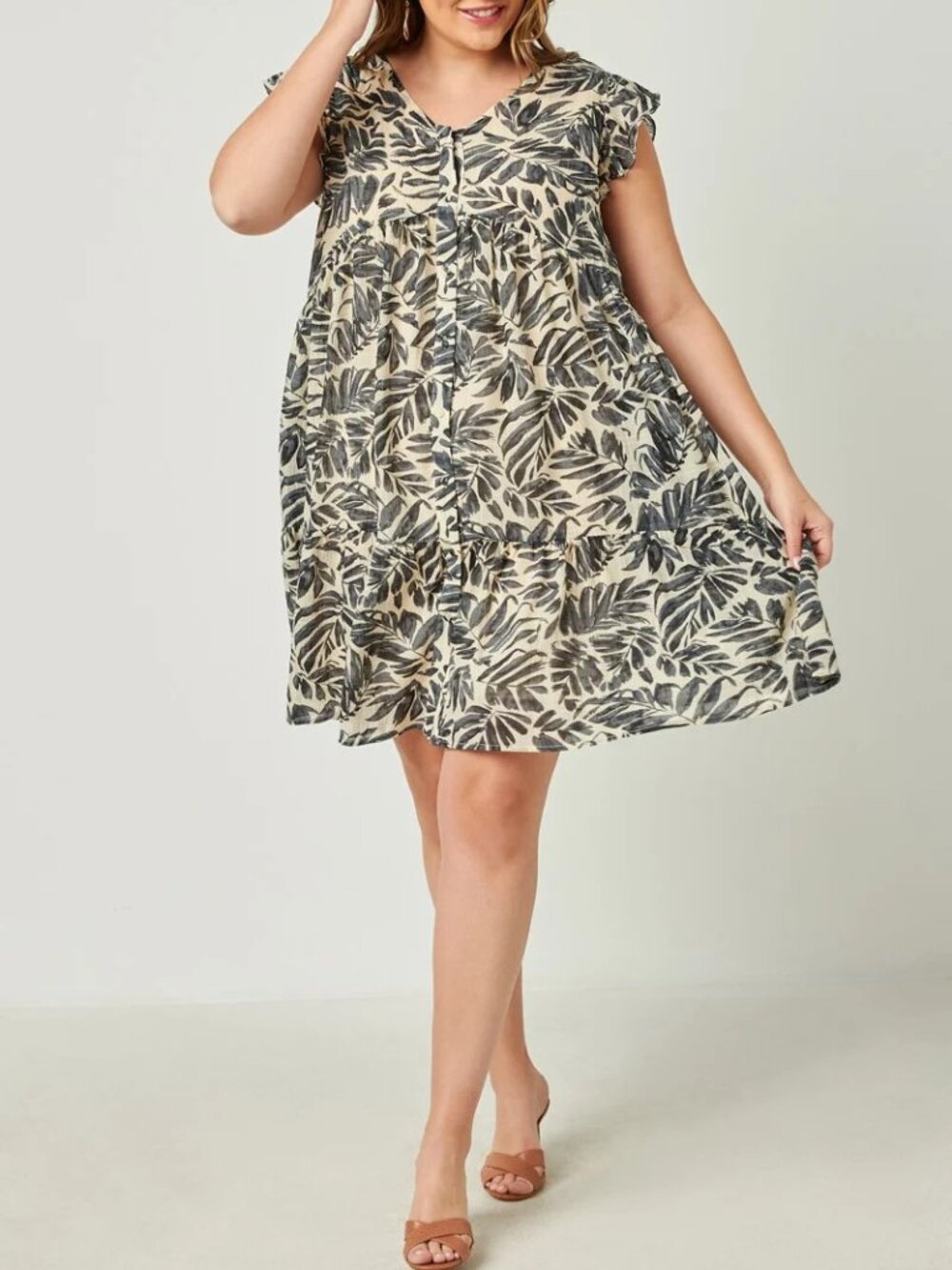 Hayden LA Botanical Print Tiered Ruffle Dress 2XL Beachy Button Front Chiffon